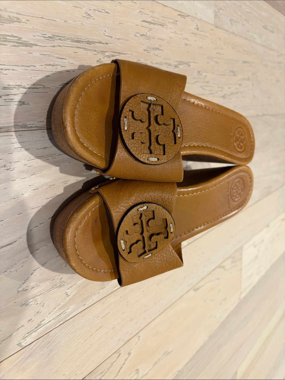 Tory Burch Tan Leather Logo Slide Sandals